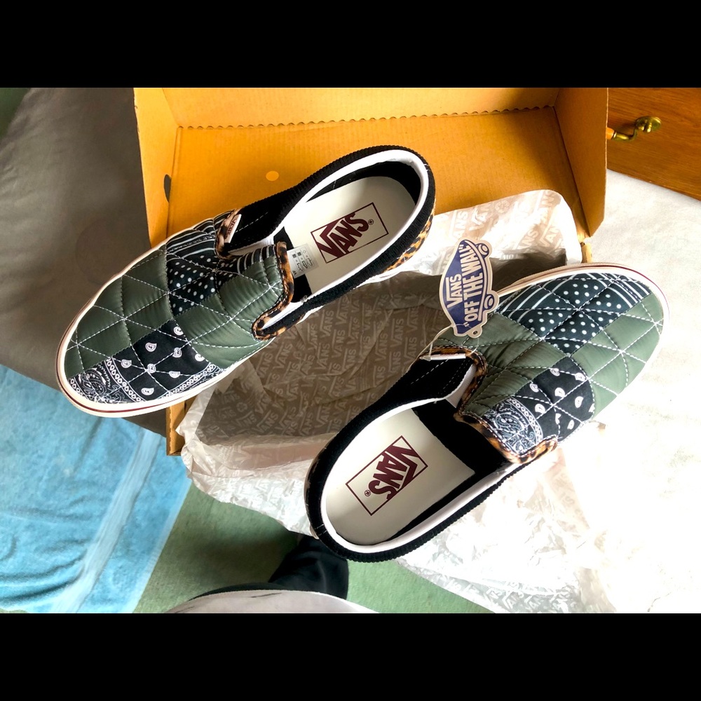 Vans slip ons. Cheetah print on heel, quilted pattern on rest of shoe.